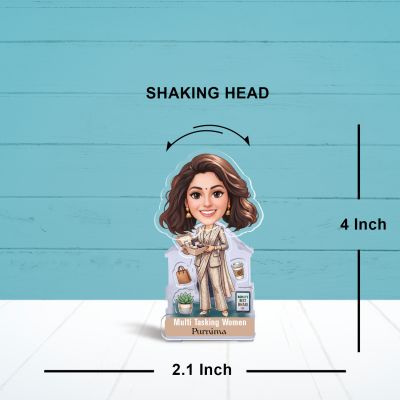Personalized Multi Tasking Women Bobblehead Caricature Standee with Battery Powered Shaking Head for Office Desk & Home Decor Inspirational Gift for Working Women & Home Makers